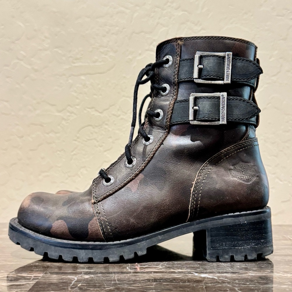Harley Davidson Fairview Leather Camo Strappy Buckled Combat Boots